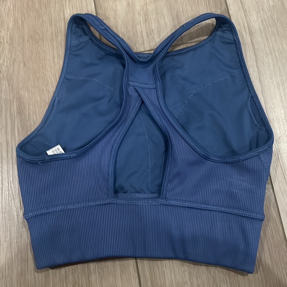 adidas Blue Ribbed High-Neck Sports Bra - Picture 3 of 4